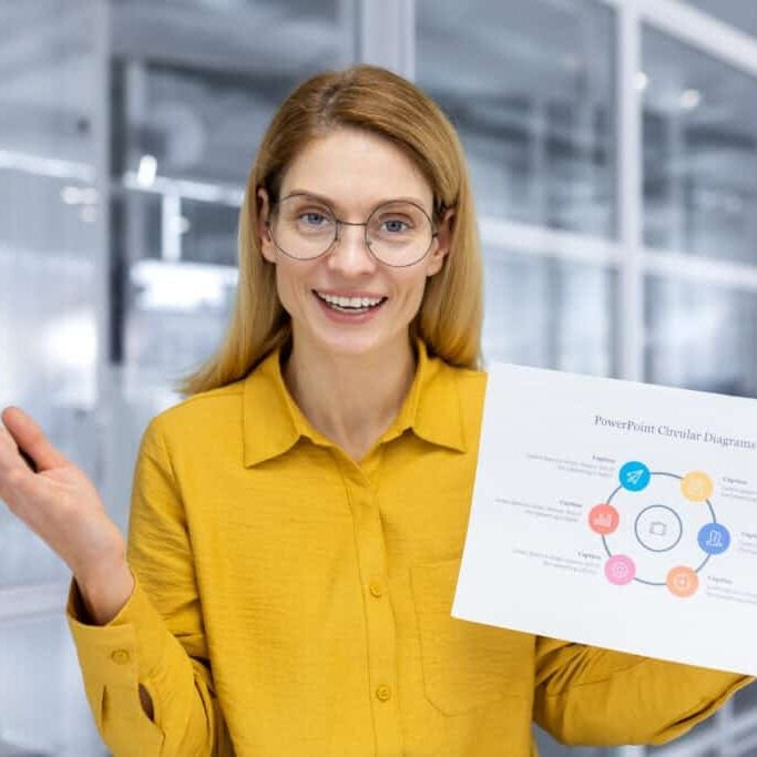 Video call online meeting business woman talking with colleagues remotely showing the camera graph report, female worker in glasses and yellow shirt smiling and satisfied with achievement results.