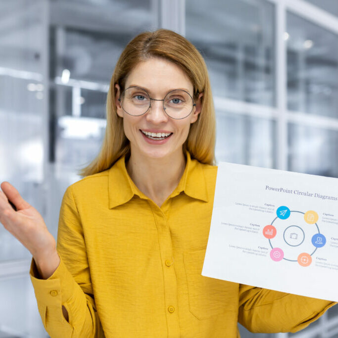 Video call online meeting business woman talking with colleagues remotely showing the camera graph report, female worker in glasses and yellow shirt smiling and satisfied with achievement results.